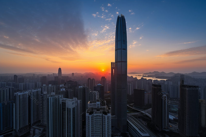 晚霞时分太阳日落繁华的现代城市都市高楼大厦房屋建筑航拍视角图像摄影,高清,摄影图,摄影图片,图片大全,摄影图免费下载
